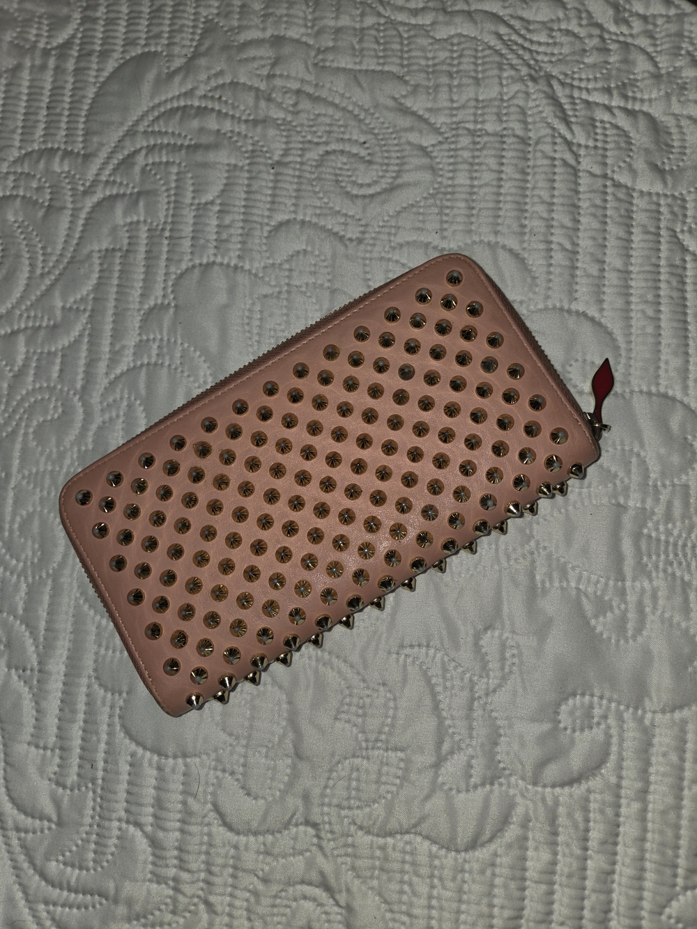 Christian Louboutin Pink Studded Zip Wallet with Gold-Tone Spikes